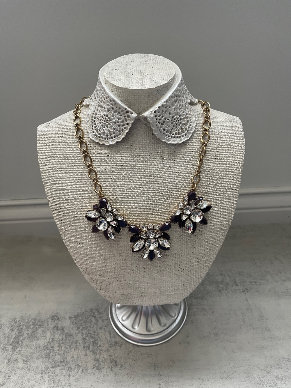 J.Crew Rhinestone and Purple Gold Chain Statement Necklace